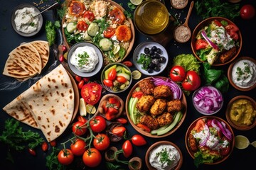 Greek food background. Meze, gyros, souvlaki, fish, pita, greek salad, tzatziki, assortment of feta, olives and vegetables. Traditional different greek dishes set.