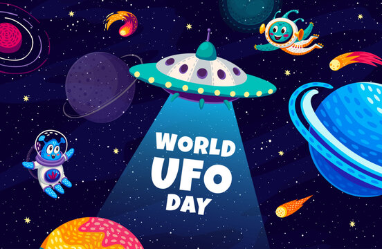 World UFO day banner with funny cute aliens and UFO saucer. Universe adventure, outerspace research or space exploration vector poster or banner with starry galaxy planets and aliens happy characters