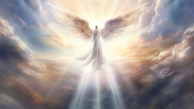 Guardian angel in heaven clouds. Archangel. Illustration heavenly angelic spirit with wings. Belief and afterlife.