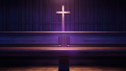 Purple wooden cross on an empty pew in the church