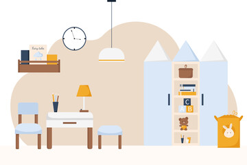 Fototapeta premium Cute modern style nursery room in light blue, beige, orange and white tones. Interior and furniture concept. Scandinavian or cottage design. Vector cartoon flat illustration