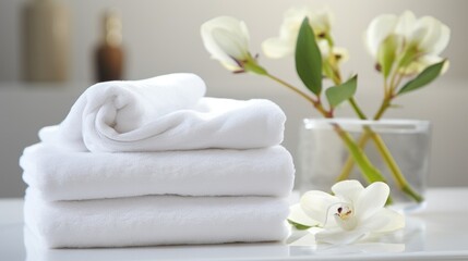 Fototapeta na wymiar Soft and Luxurious White Towel for Bathe and Wellness. Perfect for Single-use or as Decoration.