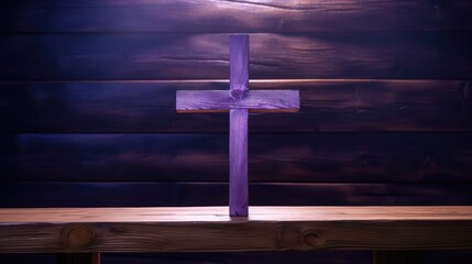 Purple wooden cross on an empty pew in the church