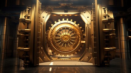 Open bank safe vault door with golden ingots peeking from inside. copy space for text.