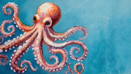 Obraz premium Oil painting of a Octopuses on pure blue background canvas, copyspace on a side