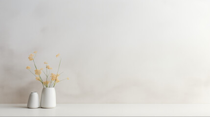 White plastered background with ample space for text and a vase of flowers in the corner, combining minimalist elegance with natural beauty, perfect for invitations, announcements
