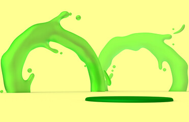 green round product stage against a yellow background for an empty show for presenting accessories and jewelry. Background for cosmetic products, abstract green water rings. Mockup 3D rendering