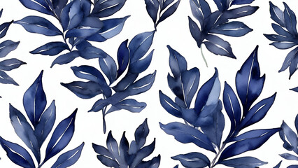 Fototapeta premium Watercolor dark blue leaves on white background, seamless pattern. generated by Ai