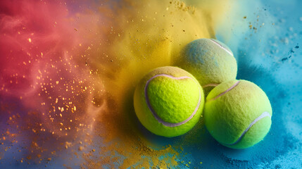 3 tennis balls with heart on one of it on abstract colorful dust Background, sport, love to tournaments and competitions, activity, Wimbledon, sport