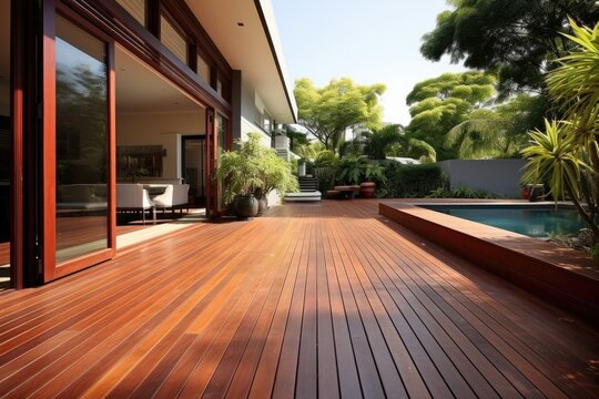 Ipe Wood Decking for Modern Homes. Low Angle View of Tropical Hardwood Terrace with Wooden Patio