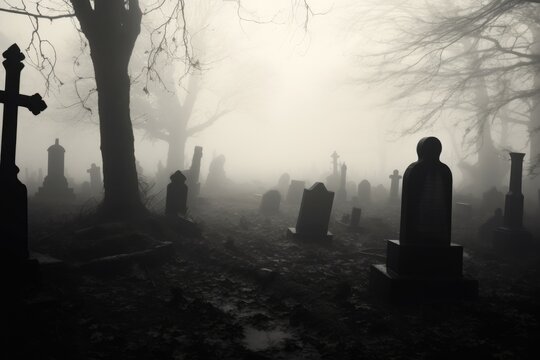 Old Graveyard in the Mist: Black and White Photo of Eerie Cemetery with Graves, Tombs