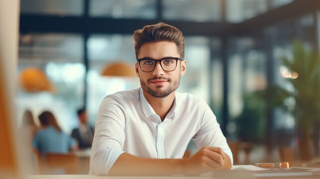 Smart female in classic spectacles for provide vision correction explaining information from business plan during collaboration meeting with blurred colleague,
