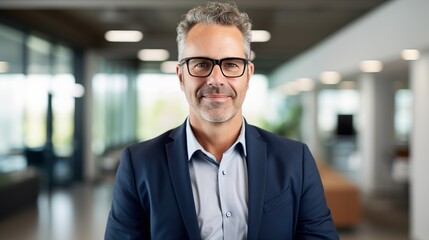 Fototapeta premium Smiling older bank manager or investor, happy middle aged business man boss ceo, confident mid adult professional businessman executive standing in office.