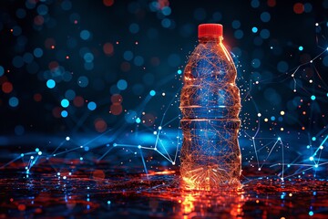 A bottle of water in a dark backdrop with technological connections with it in a digital backdrop, Generative AI. - obrazy, fototapety, plakaty