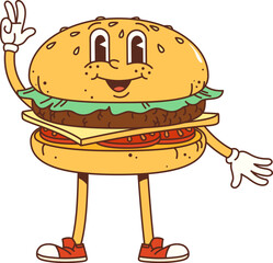 Cartoon groovy burger character. Isolated vector grinning fast food personage radiates joy, flashing a peace sign, spreading happiness with its infectious, playful energy and nostalgic retro vibes