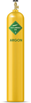 Realistic argon gas cylinder, compressed gas metal balloon. Isolated vector yellow, robust, pressurized container housing inert non-flammable content, vital for welding and industrial applications