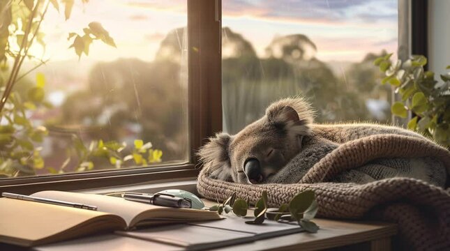Sunny Day Slumber: Koala Resting by the Window in Sunshine Seamless looping 4k time-lapse virtual video animation background. Generated AI