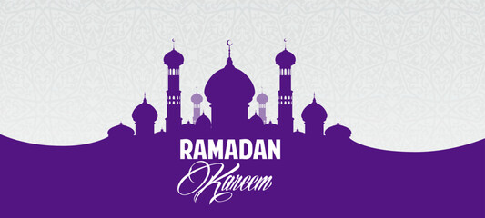 Ramadan kareem holiday greetings banner with Muslim mosque and Arabian ornament pattern, symbolizing spiritual reflection and community unity. Vector religious festive islamic congratulation card
