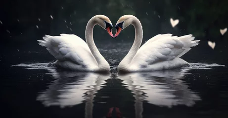 Selbstklebende Fototapeten Pair of white swans on dark water against a dark background, evoking a sense of mystery and elegance, perfect for dramatic or romantic-themed designs, adding a touch of grace and sophistication ©  Princess Turandot
