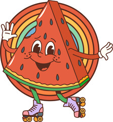 Cartoon groovy watermelon character. Isolated vector fruit slice with laid-back attitude, sporting vibrant colors and a perpetual smile, dance and spread joy and chill vibes in funny psychedelic world