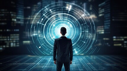 Businessman aims arrow at a virtual target dartboard, precision in setting objectives for business investments visualizes strategic approach to achieving goals and hitting targets in business