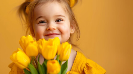 Obraz na płótnie Canvas little girl with tulips on a yellow background