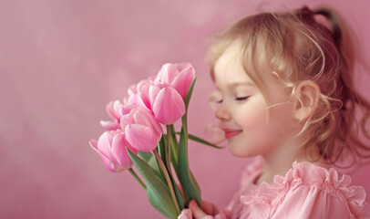 Obraz na płótnie Canvas little girl with tulips on a pink background,