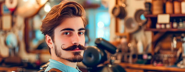 Attractive young man with moustache, in a barbershop