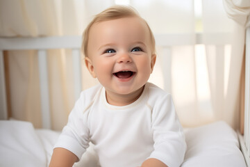 Children toddler in baby chair smiling and laughing. Cute 6 months toddler photo in light interior. Bright solid clothes. Happy baby, good eating. Baby care, happy parenting. Earle development.