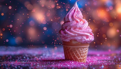magical soft serve ice cream cone with sparkling bokeh - obrazy, fototapety, plakaty