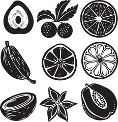 Fruits vector icon set black silhouette