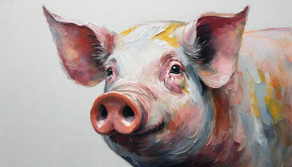 Oil painting of a pig head on pure white background canvas, copyspace on a side - obrazy, fototapety, plakaty