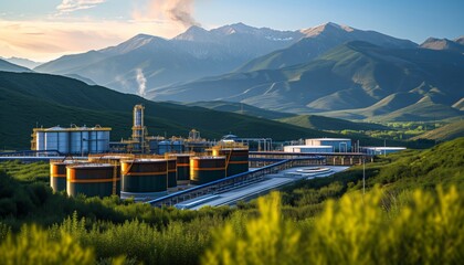 Carbon capture and storage facilities with mountain background - obrazy, fototapety, plakaty