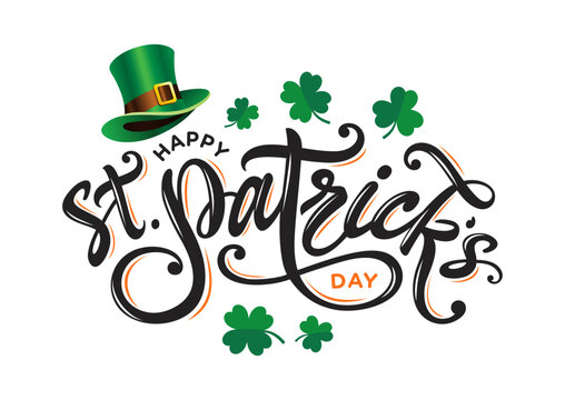 St. Patrick's day card, banner, poster, flyer, 
background isolated with Happy St. Patrick's day logo, text, hand drawn lettering, leprechaun hat clipart, four leaf clover outline, shamrock vector