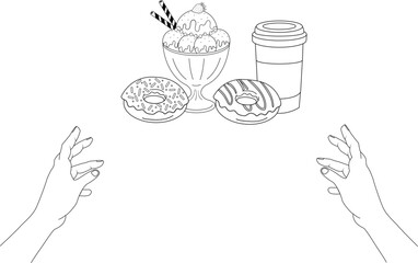 Vector Two hands craving medium packets of ice cream sundaes,  donuts and hot chocolate
