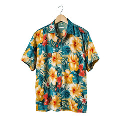 floral Hawaiian shirt hanging on a hanger, isolated on transparent background