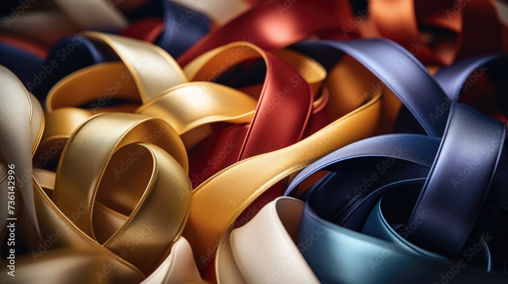 Poster A close-up view of a variety of brightly colored ribbons. Perfect for adding a pop of color and excitement to any project