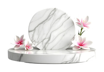 Minimalist Beauty. 3D White Marble Podium Stand Display with Plumeria Flowers Mockup.
