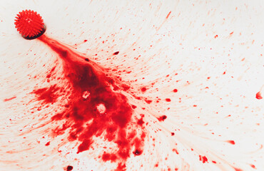 Splashes of blood dripping into the sink in the bathroom. red virus molecules