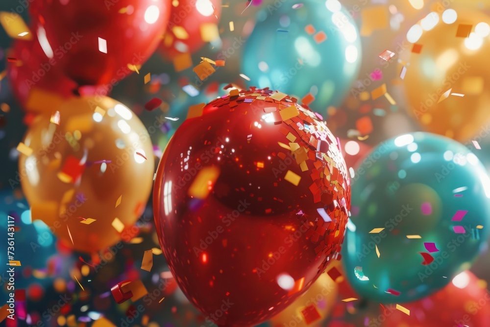 Poster colorful balloons and confetti flying in the air, creating a vibrant and festive atmosphere. perfect
