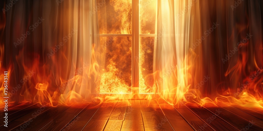 Poster a room featuring a fire curtain and a window. this image can be used to illustrate fire safety measu