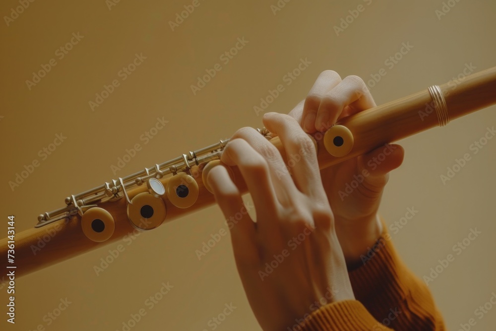 Poster a person holding a flute in their hands. can be used for music-related projects