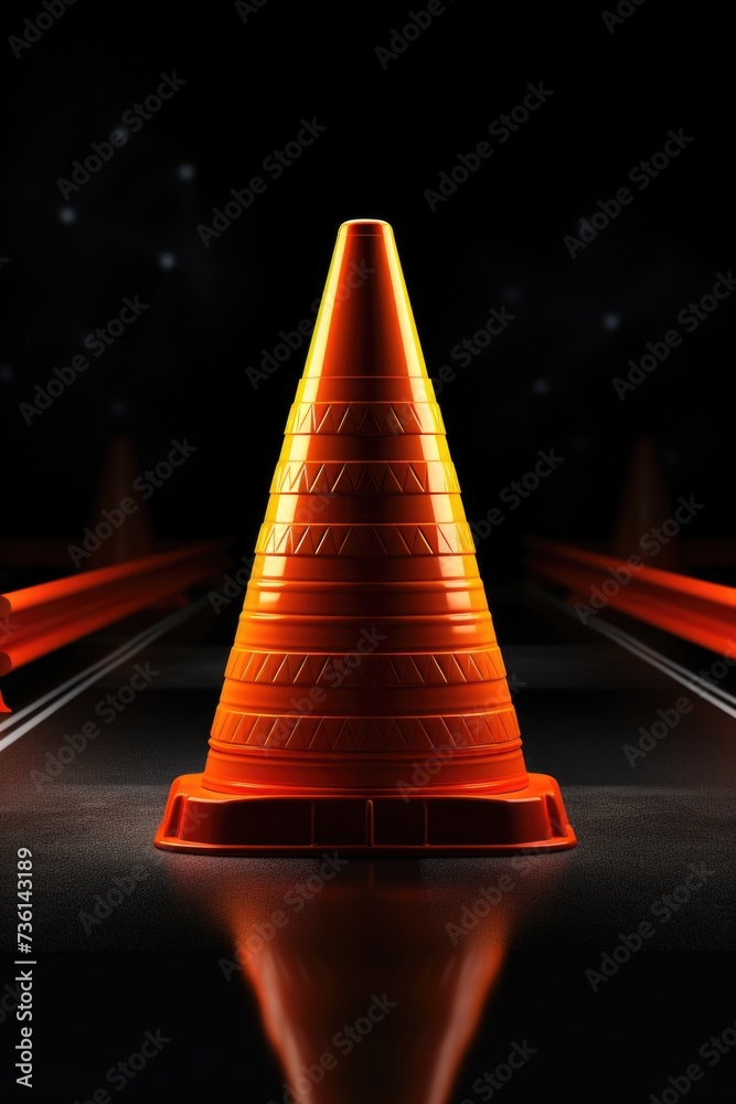 Poster a close up view of a traffic cone on a road. this image can be used to depict road construction or s