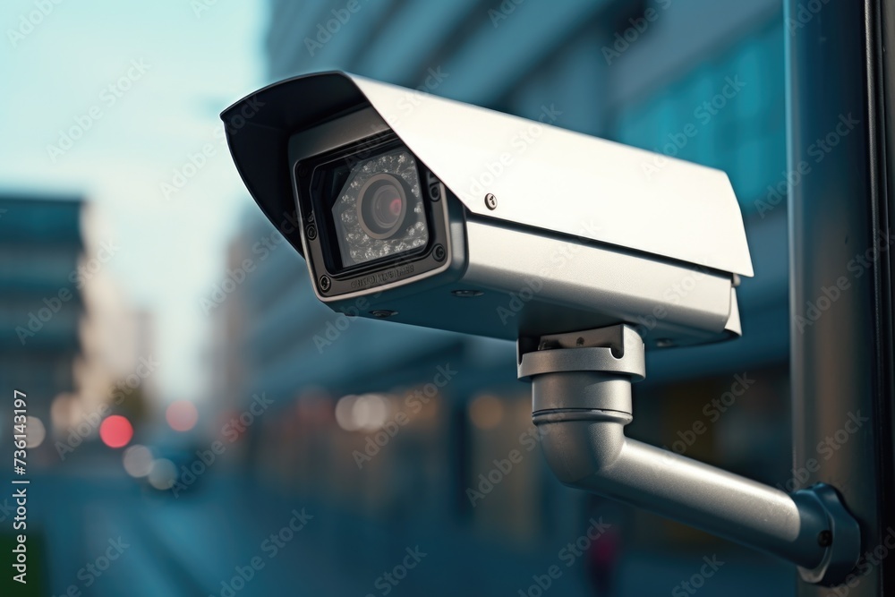 Poster A security camera mounted on the side of a building. Suitable for surveillance and security-related themes