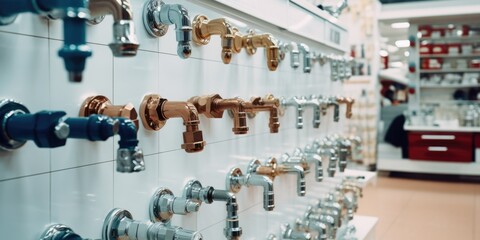 A collection of different types of faucets mounted on a wall. Versatile and suitable for various plumbing needs