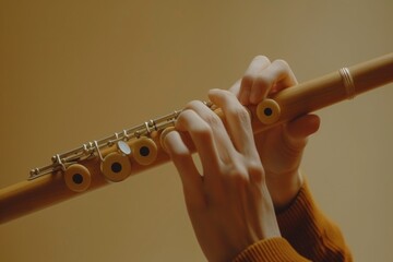 A person holding a flute in their hands. Can be used for music-related projects