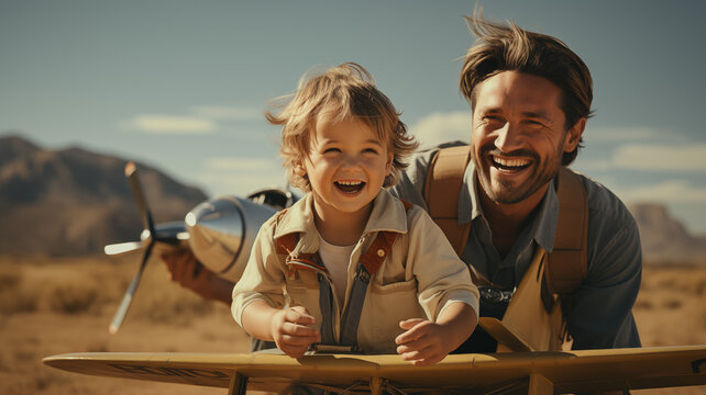 Happy father and son having fun in nature, passion for airplanes and aviation