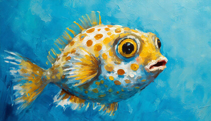 Oil painting of a Puffer fish on pure blue background canvas, copyspace on a side - obrazy, fototapety, plakaty