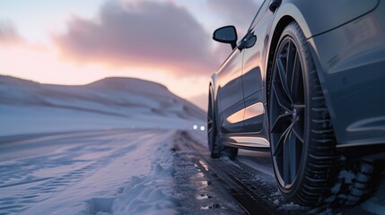 A car parked on a snowy road. Suitable for winter driving safety articles