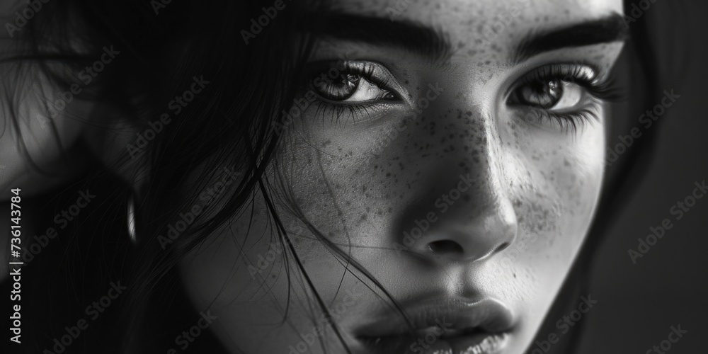 Poster a close up view of a woman's face with freckles. this image can be used to showcase natural beauty o